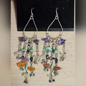 VINTAGE GEMSTONE BEADED CHANDELIER SILVER TONE AMETHYST CARNELIAN AGATE EARRINGS